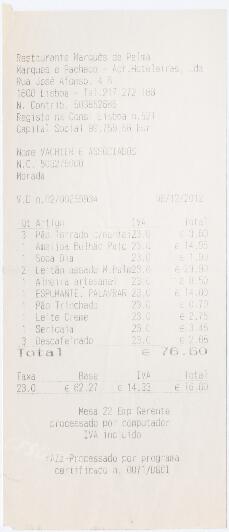 Factura do restaurante Marquês de Palma