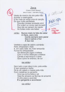 Letra da canção "Zeca (Carta a José Afonso)"