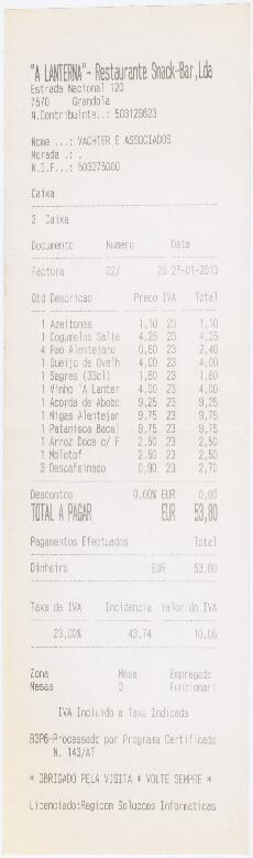 Factura / recibo do restaurante A Lanterna