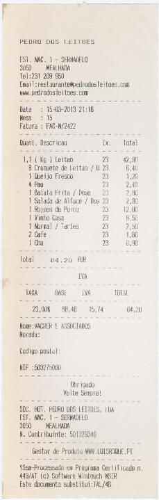 Factura do restaurante Pedro dos Leitões