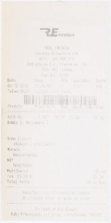 Factura / recibo de abastecimento de combustível