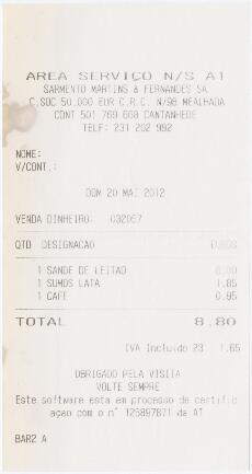 Factura / recibo de área de serviço