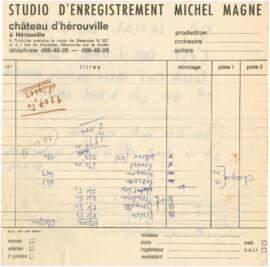 Ficha de registo dos estúdios de Michel Magne + apontamentos diversos + excerto de letra de canção