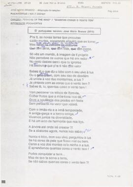 Letra da canção "Quantas cores o vento tem" ("Colors of the Wind")