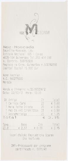 Facturas / recibos do restaurante Noz Moscada