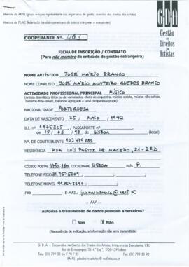 Ficha de inscrição / contrato de José Mário Branco com a GDA