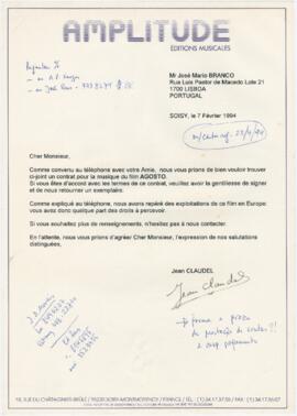 Correspondência de Jean Claudel (Amplitude) para José Mário Branco