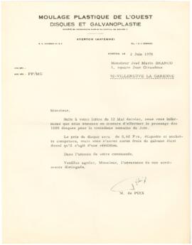 Correspondência da empresa Moulage Plastique de l'Ouest para José Mário Branco