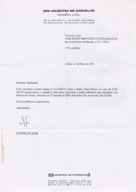 Correspondência de Sandra Duarte (EMI-Valentim de Carvalho) para José Mário Branco