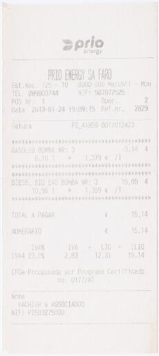 Factura / recibo de abastecimento de combustível