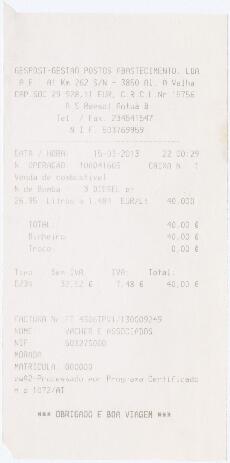 Factura / recibo de abastecimento de combustível