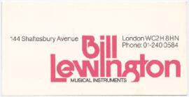 Cartão de contacto da Bill Lewington Musical Instruments