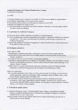 Audiência Portuguesa do Tribunal Mundial sobre o Iraque - Comunicado de imprensa