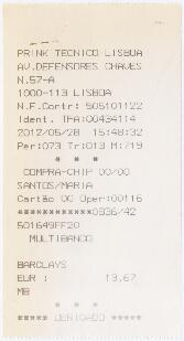 Factura / recibo da Prink Lisboa Técnico