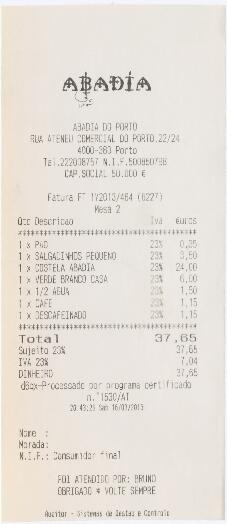 Factura do restaurante Abadia