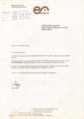 Correspondência entre Carlos Jorge (Edisom) e José Mário Branco