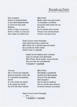 Letra da canção "Recado ao Porto"