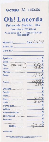 Factura do restaurante Oh! Lacerda