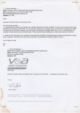 Correspondência de email entre Paulo Junqueiro (EMI-Valentim de Carvalho) e Paulo Salgado